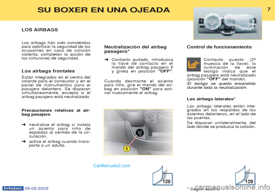 Peugeot Boxer 2003  Manual del propietario (in Spanish) Control de funcionamientoContacto puesto (2» muesca de la llave), lailuminaci—n de estetestigo indica que el
airbag pasajero est‡ neutralizado(posici—n  "OFF" del mando).
El testigo se queda en