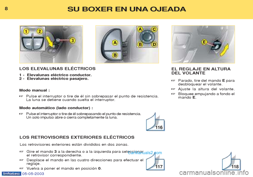 Peugeot Boxer 2003 Manual del propietario (in Spanish) 05-05-2003
LOS ELEVALUNAS ELƒCTRICOS
1 - Elevalunas elŽctrico conductor. 2 - Elevalunas elŽctrico pasajero. Modo manual : ☞Pulse el interruptor o tire de Žl sin sobrepasar el punto de resist Peugeot Boxer 2003 Manual del propietario (in Spanish) 05-05-2003
LOS ELEVALUNAS ELƒCTRICOS
1 - Elevalunas elŽctrico conductor. 2 - Elevalunas elŽctrico pasajero. Modo manual : ☞Pulse el interruptor o tire de Žl sin sobrepasar el punto de resist
