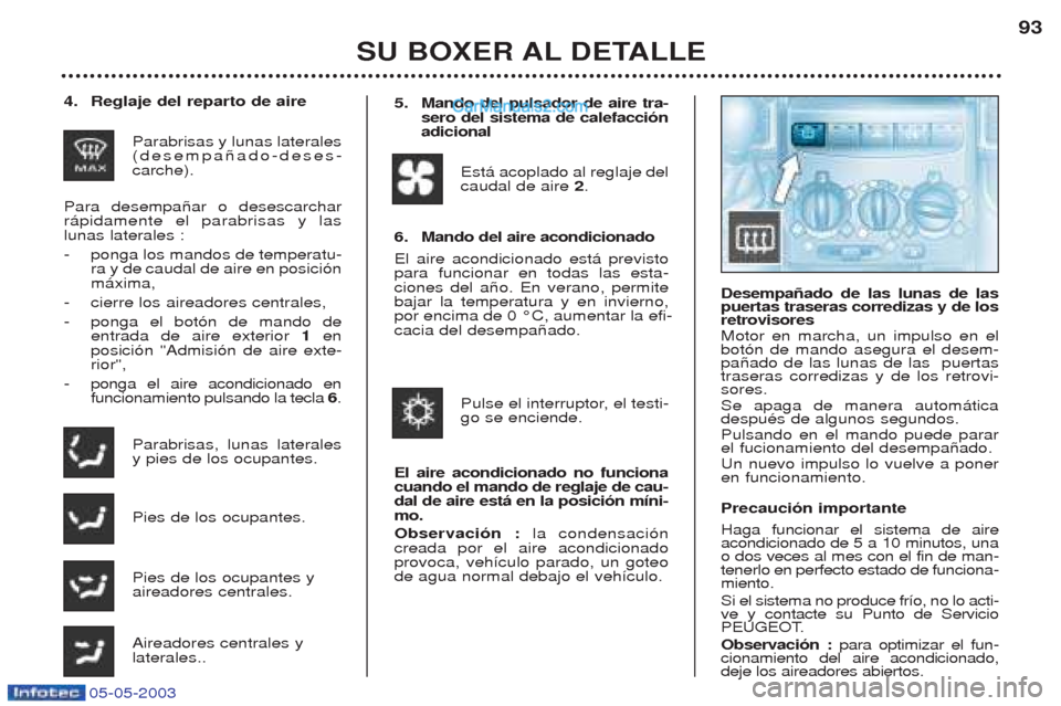 Peugeot Boxer 2003 Manual del propietario (in Spanish) 05-05-2003
SU BOXER AL DETALLE93
4. Reglaje del reparto de aire
Parabrisas y lunas laterales (desempa–ado-deses-carche).
Para desempa–ar o desescarcharr‡pidamente el parabrisas y laslunas latera Peugeot Boxer 2003 Manual del propietario (in Spanish) 05-05-2003
SU BOXER AL DETALLE93
4. Reglaje del reparto de aire
Parabrisas y lunas laterales (desempa–ado-deses-carche).
Para desempa–ar o desescarcharr‡pidamente el parabrisas y laslunas latera