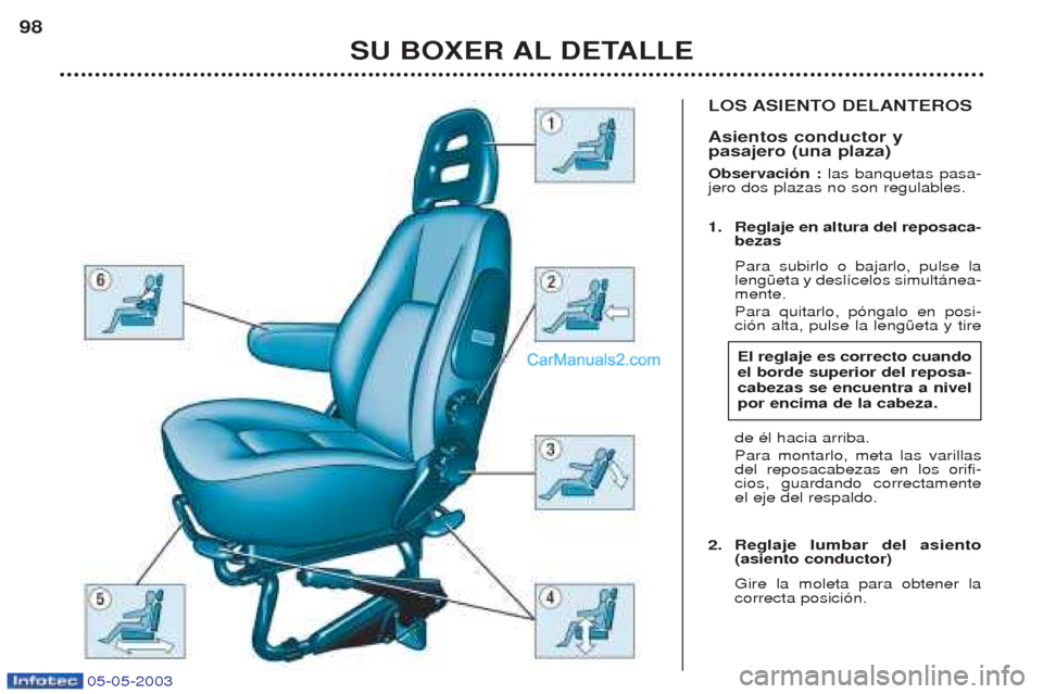 Peugeot Boxer 2003 Manual del propietario (in Spanish) 05-05-2003
LOS ASIENTO DELANTEROS Asientos conductor y pasajero (una plaza) Observaci—n : las banquetas pasa-
jero dos plazas no son regulables.
1. Reglaje en altura del reposaca- bezas Para subir Peugeot Boxer 2003 Manual del propietario (in Spanish) 05-05-2003
LOS ASIENTO DELANTEROS Asientos conductor y pasajero (una plaza) Observaci—n : las banquetas pasa-
jero dos plazas no son regulables.
1. Reglaje en altura del reposaca- bezas Para subir