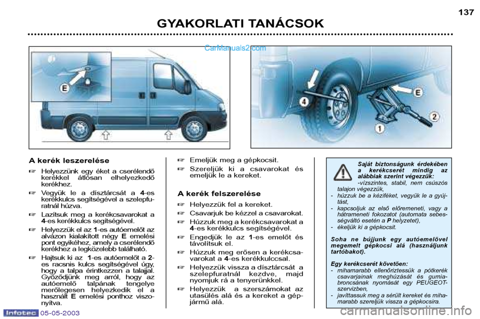 Peugeot Boxer 2003  Kezelési útmutató (in Hungarian) 05-05-2003
A kerék leszerelése Helyezzünk  egy  éket  a  cserélendő 
kerékkel  átlósan  elhelyezkedő kerékhez. 
 Vegyük  le  a  dísztárcsát  a  4-es
kerékkulcs  segítségével  a  s