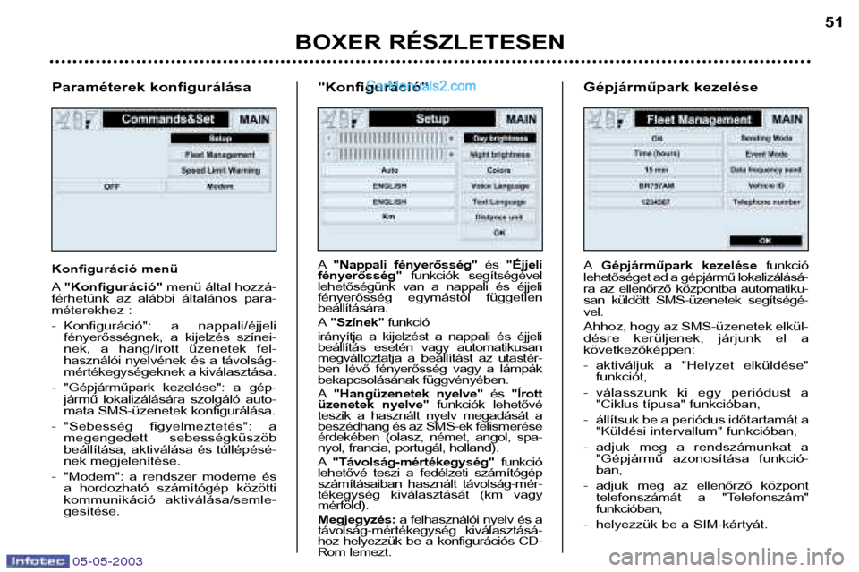 Peugeot Boxer 2003  Kezelési útmutató (in Hungarian) 05-05-2003
Paraméterek konfigurálása 
Konfiguráció menü A"Konfiguráció" menü által hozzá-
férhetünk  az  alábbi  általános  para- 
méterekhez : 
- Konfiguráció": a  nappali/éjjeli 