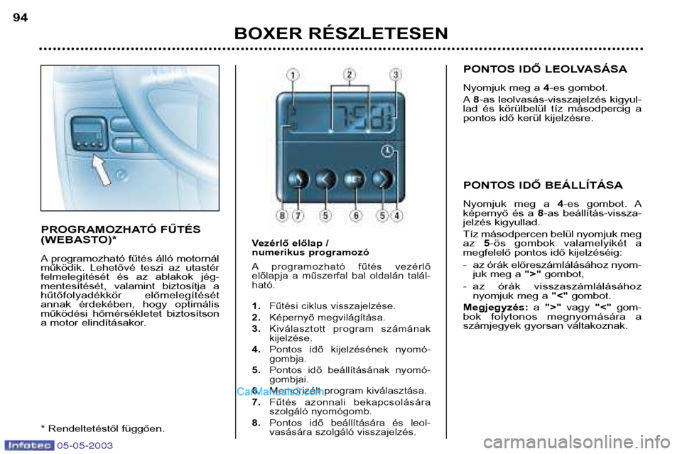 Peugeot Boxer 2003 Kezelési útmutató (in Hungarian) 05-05-2003
BOXER RÉSZLETESEN
94
PROGRAMOZHATÓ FŰTÉS
(WEBASTO)*
A programozható fűtés álló motornál
működik. Lehetővé teszi az utastér
felmelegítését és az ablakok jég-
m Peugeot Boxer 2003 Kezelési útmutató (in Hungarian) 05-05-2003
BOXER RÉSZLETESEN
94
PROGRAMOZHATÓ FŰTÉS
(WEBASTO)*
A programozható fűtés álló motornál
működik. Lehetővé teszi az utastér
felmelegítését és az ablakok jég-
m