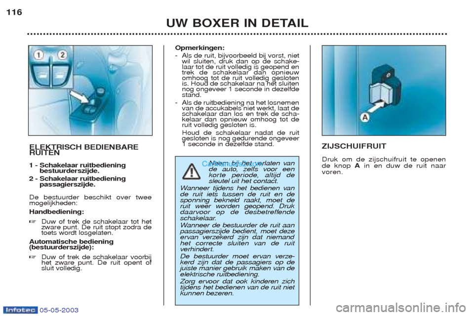 Peugeot Boxer 2003  Handleiding (in Dutch) 05-05-2003
UW BOXER IN DETAIL
116
ZIJSCHUIFRUIT Druk om de zijschuifruit te openen de knop 
Ain en duw de ruit naar
voren.ELEKTRISCH BEDIENBARE RUITEN 
1 - Schakelaar ruitbediening  bestuurderszijde.
