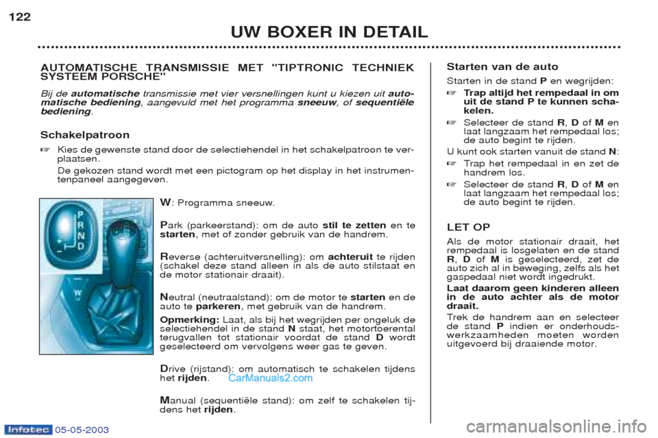 Peugeot Boxer 2003  Handleiding (in Dutch) 05-05-2003
W: Programma sneeuw.
P ark (parkeerstand): om de auto  stil te zettenen te
starten , met of zonder gebruik van de handrem.
R everse (achteruitversnelling): om  achteruitte rijden
(schakel d