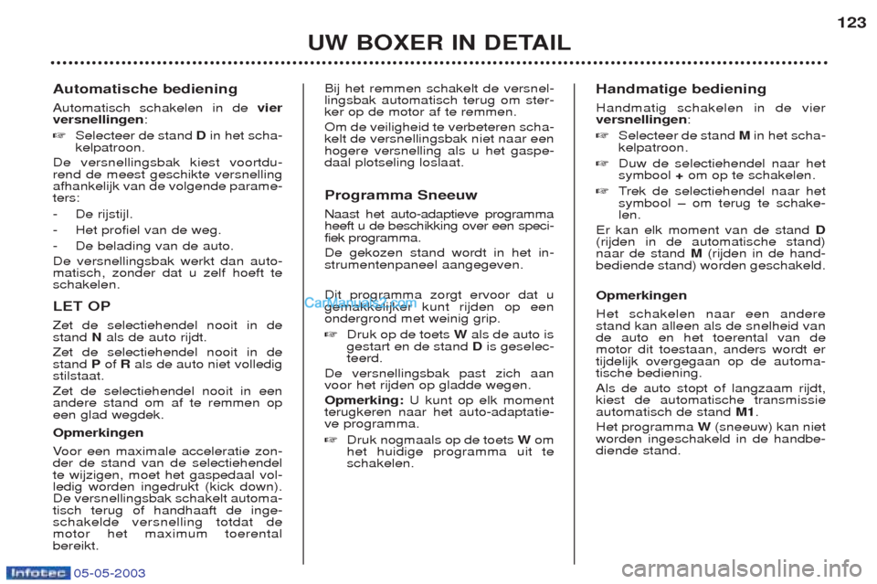 Peugeot Boxer 2003 Handleiding (in Dutch) 05-05-2003
Automatische bediening Automatisch schakelen in de vier
versnellingen :
☞ Selecteer de stand Din het scha-
kelpatroon.
De versnellingsbak kiest voortdu- rend de meest geschikte versnelli Peugeot Boxer 2003 Handleiding (in Dutch) 05-05-2003
Automatische bediening Automatisch schakelen in de vier
versnellingen :
☞ Selecteer de stand Din het scha-
kelpatroon.
De versnellingsbak kiest voortdu- rend de meest geschikte versnelli
