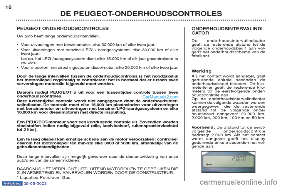 Peugeot Boxer 2003 Handleiding (in Dutch) 05-05-2003
PEUGEOT ONDERHOUDSCONTROLES Uw auto heeft lange onderhoudsintervallen. ¥Voor uitvoeringen met benzinemotor: elke 30.000 km of elke twee jaar.
¥V oor uitvoeringen met benzine-/LPG*-/ aardg Peugeot Boxer 2003 Handleiding (in Dutch) 05-05-2003
PEUGEOT ONDERHOUDSCONTROLES Uw auto heeft lange onderhoudsintervallen. ¥Voor uitvoeringen met benzinemotor: elke 30.000 km of elke twee jaar.
¥V oor uitvoeringen met benzine-/LPG*-/ aardg