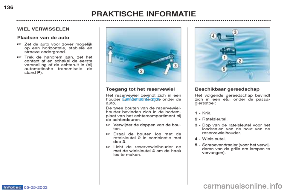 Peugeot Boxer 2003 Handleiding (in Dutch) 05-05-2003
PRAKTISCHE INFORMATIE
136
WIEL VERWISSELEN Plaatsen van de auto ☞
Zet de auto voor zover mogelijk op een horizontale, stabiele enstroeve ondergrond.
☞ Trek de handrem aan, zet het
conta Peugeot Boxer 2003 Handleiding (in Dutch) 05-05-2003
PRAKTISCHE INFORMATIE
136
WIEL VERWISSELEN Plaatsen van de auto ☞
Zet de auto voor zover mogelijk op een horizontale, stabiele enstroeve ondergrond.
☞ Trek de handrem aan, zet het
conta