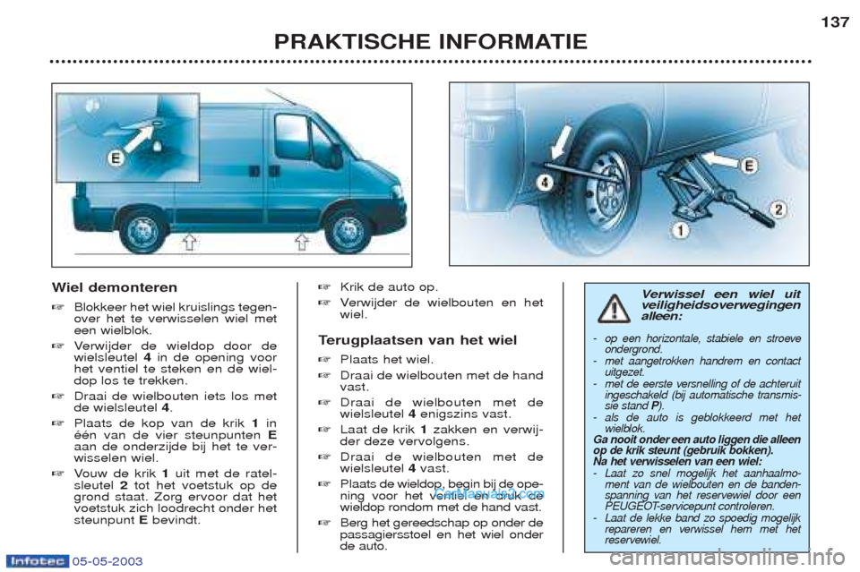 Peugeot Boxer 2003 Handleiding (in Dutch) 05-05-2003
Wiel demonteren
☞ Blokkeer het wiel kruislings tegen- over het te verwisselen wiel meteen wielblok.
☞ Ve r w ijder de wieldop door de
wielsleutel 4in de opening voor
het ventiel te ste Peugeot Boxer 2003 Handleiding (in Dutch) 05-05-2003
Wiel demonteren
☞ Blokkeer het wiel kruislings tegen- over het te verwisselen wiel meteen wielblok.
☞ Ve r w ijder de wieldop door de
wielsleutel 4in de opening voor
het ventiel te ste