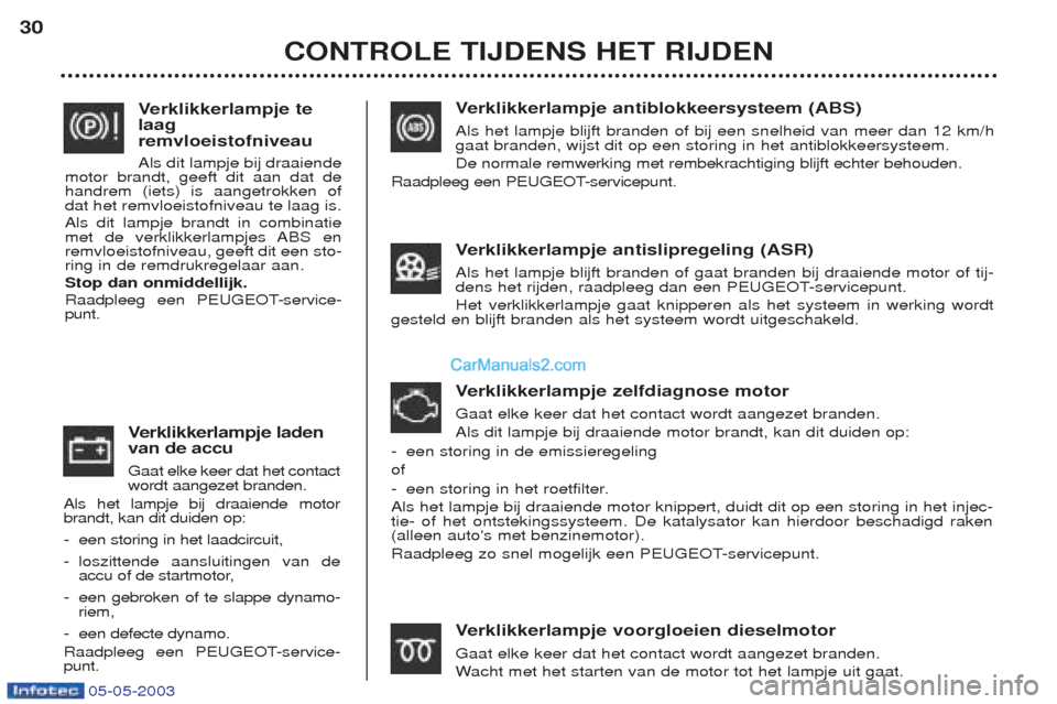 Peugeot Boxer 2003 Handleiding (in Dutch) 05-05-2003
Verklikkerlampje antiblokkeersysteem (ABS)
Als het lampje blijft branden of bij een snelheid van meer dan 12 km/h gaat branden, wijst dit op een storing in het antiblokkeersysteem. De norma Peugeot Boxer 2003 Handleiding (in Dutch) 05-05-2003
Verklikkerlampje antiblokkeersysteem (ABS)
Als het lampje blijft branden of bij een snelheid van meer dan 12 km/h gaat branden, wijst dit op een storing in het antiblokkeersysteem. De norma