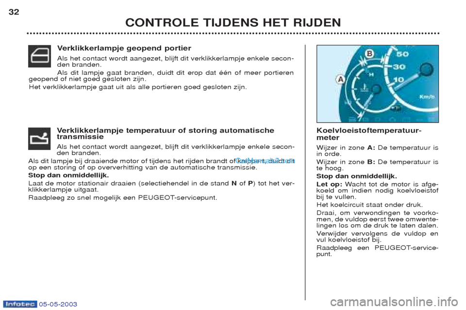 Peugeot Boxer 2003  Handleiding (in Dutch) 05-05-2003
CONTROLE TIJDENS HET RIJDEN
32
Verklikkerlampje temperatuur of storing automatische
transmissie Als het contact wordt aangezet, blijft dit verklikkerlampje enkele secon- den branden.
Als di