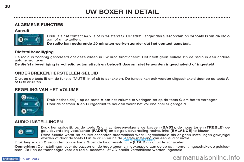 Peugeot Boxer 2003 Handleiding (in Dutch) 05-05-2003
UW BOXER IN DETAIL
38
ALGEMENE FUNCTIES Aan/uit Druk, als het contact AAN is of in de stand STOP staat, langer dan 2 seconden op de toets Bom de radio
aan of uit te zetten. De radio kan ge Peugeot Boxer 2003 Handleiding (in Dutch) 05-05-2003
UW BOXER IN DETAIL
38
ALGEMENE FUNCTIES Aan/uit Druk, als het contact AAN is of in de stand STOP staat, langer dan 2 seconden op de toets Bom de radio
aan of uit te zetten. De radio kan ge