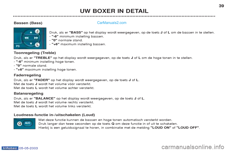 Peugeot Boxer 2003 Handleiding (in Dutch) 05-05-2003
UW BOXER IN DETAIL39
Bassen (Bass) Druk, als er "BASS"op het display wordt weergegeven, op de toets Jof Lom de bassen in te stellen.
- "-6" minimum instelling bassen.
- "0" normale stan Peugeot Boxer 2003 Handleiding (in Dutch) 05-05-2003
UW BOXER IN DETAIL39
Bassen (Bass) Druk, als er "BASS"op het display wordt weergegeven, op de toets Jof Lom de bassen in te stellen.
- "-6" minimum instelling bassen.
- "0" normale stan