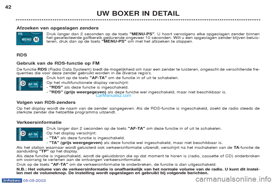 Peugeot Boxer 2003 Handleiding (in Dutch) 05-05-2003
UW BOXER IN DETAIL
42
Afzoeken van opgeslagen zenders Druk langer dan 2 seconden op de toets "MENU-PS". U hoort vervolgens elke opgeslagen zender binnen
het geselecteerde golfbereik gedure Peugeot Boxer 2003 Handleiding (in Dutch) 05-05-2003
UW BOXER IN DETAIL
42
Afzoeken van opgeslagen zenders Druk langer dan 2 seconden op de toets "MENU-PS". U hoort vervolgens elke opgeslagen zender binnen
het geselecteerde golfbereik gedure