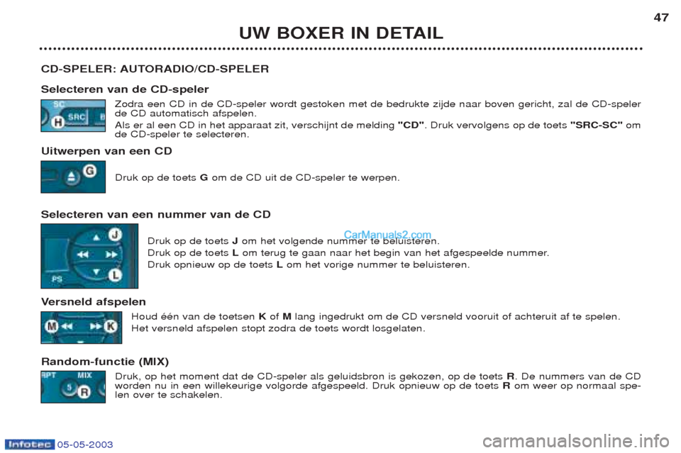 Peugeot Boxer 2003 Handleiding (in Dutch) 05-05-2003
UW BOXER IN DETAIL47
CD-SPELER: AUTORADIO/CD-SPELER Selecteren van de CD-speler Zodra een CD in de CD-speler wordt gestoken met de bedrukte zijde naar boven gericht, zal de CD-speler de CD Peugeot Boxer 2003 Handleiding (in Dutch) 05-05-2003
UW BOXER IN DETAIL47
CD-SPELER: AUTORADIO/CD-SPELER Selecteren van de CD-speler Zodra een CD in de CD-speler wordt gestoken met de bedrukte zijde naar boven gericht, zal de CD-speler de CD
