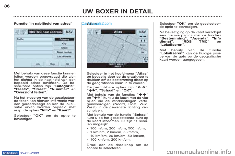 Peugeot Boxer 2003  Handleiding (in Dutch) 05-05-2003
UW BOXER IN DETAIL
86
Met behulp van deze functie kunnen feiten worden opgevraagd die zichhet dichtst in de nabijheid van eenbepaald adres bevinden. De be-schikbare opties zijn 
"Categorie"