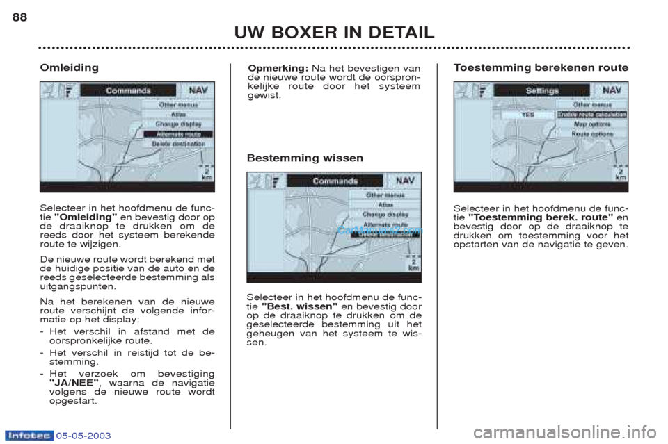 Peugeot Boxer 2003  Handleiding (in Dutch) 05-05-2003
UW BOXER IN DETAIL
88
Selecteer in het hoofdmenu de func- tie 
"Omleiding" en bevestig door op
de draaiknop te drukken om dereeds door het systeem berekenderoute te wijzigen. De nieuwe rout