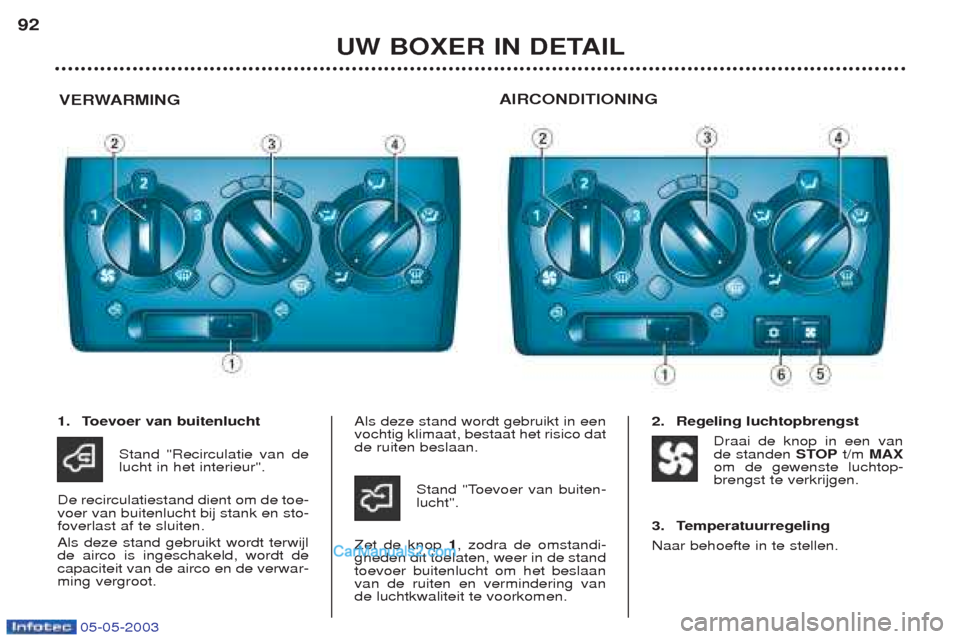 Peugeot Boxer 2003  Handleiding (in Dutch) 05-05-2003
UW BOXER IN DETAIL
92
VERWARMING AIRCONDITIONING
1. Toevoer van buitenlucht
Stand "Recirculatie van de lucht in het interieur".
De recirculatiestand dient om de toe-voer van buitenlucht bij