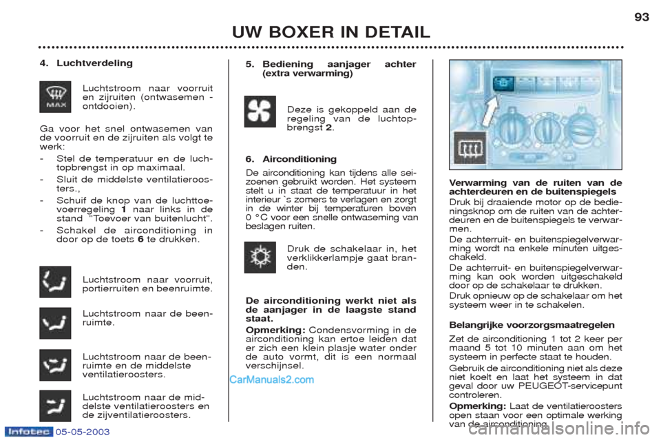 Peugeot Boxer 2003  Handleiding (in Dutch) 05-05-2003
UW BOXER IN DETAIL93
4. Luchtverdeling
Luchtstroom naar voorruit en zijruiten (ontwasemen -ontdooien).
Ga voor het snel ontwasemen vande voorruit en de zijruiten als volgt tewerk: - Stel de