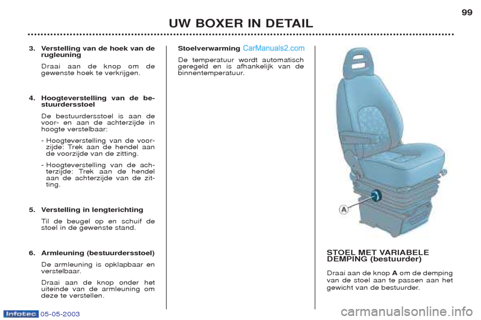 Peugeot Boxer 2003  Handleiding (in Dutch) 05-05-2003
3. Verstelling van de hoek van derugleuning Draai aan de knop om de gewenste hoek te verkrijgen.
4. Hoogteverstelling van de be- stuurdersstoel De bestuurdersstoel is aan de voor- en aan de