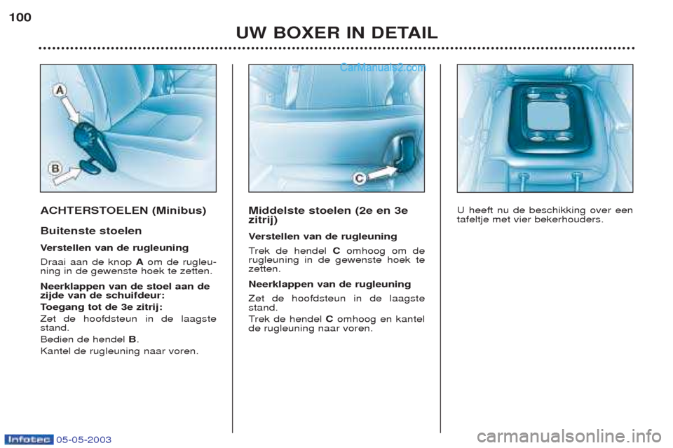 Peugeot Boxer 2003  Handleiding (in Dutch) 05-05-2003
ACHTERSTOELEN (Minibus) Buitenste stoelen Verstellen van de rugleuning
Draai aan de knop  Aom de rugleu-
ning in de gewenste hoek te zetten. Neerklappen van de stoel aan de zijde van de sch