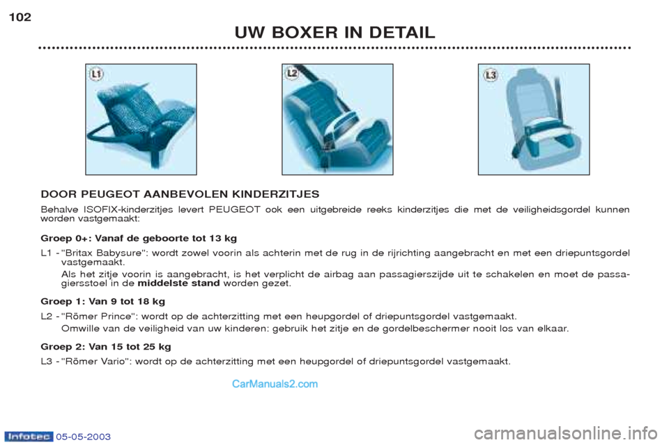 Peugeot Boxer 2003  Handleiding (in Dutch) 05-05-2003
UW BOXER IN DETAIL
102
DOOR PEUGEOT AANBEVOLEN KINDERZITJES 
Behalve ISOFIX-kinderzitjes levert PEUGEOT ook een uitgebreide reeks kinderzitjes die met de veiligheidsgordel kunnen  worden va