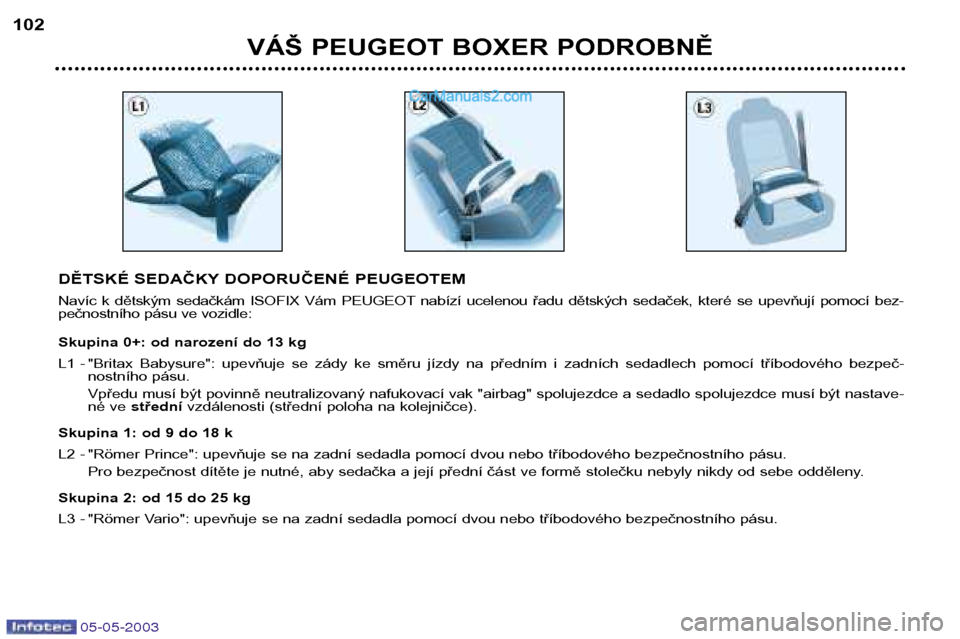 Peugeot Boxer 2003  Návod k obsluze (in Czech) 05-05-2003
VÁŠ PEUGEOT BOXER PODROBNĚ
102
DĚTSKÉ SEDAČKY DOPORUČENÉ PEUGEOTEM 
Navíc  k  dětským  sedačkám  ISOFIX  Vám  PEUGEOT nabízí  ucelenou  řadu  dětských  sedaček,  které 