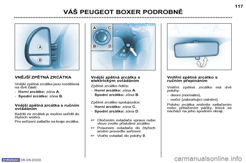 Peugeot Boxer 2003  Návod k obsluze (in Czech) 05-05-2003
VÁŠ PEUGEOT BOXER PODROBNĚ117
VNĚJŠÍ ZPĚTNÁ ZRCÁTKA 
Vnější zpětná zrcátka jsou rozdělená 
na dvě části: -
Horní zrcátko: zóna A.
- Spodní zrcátko: zóna B.
Vnějš