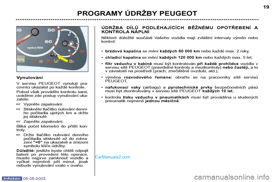 Peugeot Boxer 2003  Návod k obsluze (in Czech) 05-05-2003
Vynulování 
V  servisu  PEUGEOT vynulují  pra- 
covníci ukazatel po každé kontrole. 
Pokud však provádíte kontrolu sami, 
uvádíme zde postup vynulování uka-zatele: Vypněte za