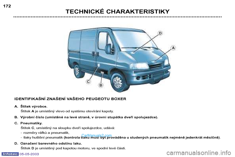 Peugeot Boxer 2003 Návod k obsluze (in Czech) 05-05-2003
TECHNICKÉ CHARAKTERISTIKY
172
IDENTIFIKAŚNÍ ZNAŚENÍ VAŠEHO PEUGEOTU BOXER
A. Štítek výrobce.Štítek Aje umístěný vlevo od systému otevírání kapoty.
B. Výrobní číslo ( Peugeot Boxer 2003 Návod k obsluze (in Czech) 05-05-2003
TECHNICKÉ CHARAKTERISTIKY
172
IDENTIFIKAŚNÍ ZNAŚENÍ VAŠEHO PEUGEOTU BOXER
A. Štítek výrobce.Štítek Aje umístěný vlevo od systému otevírání kapoty.
B. Výrobní číslo (
