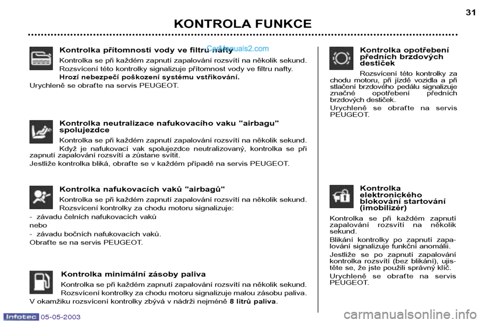 Peugeot Boxer 2003  Návod k obsluze (in Czech) 05-05-2003
Kontrolka přítomnosti vody ve filtru nafty 
Kontrolka se při každém zapnutí zapalování rozsvítí na několik sekund. 
Rozsvícení této kontrolky signalizuje přítomnost vody ve 