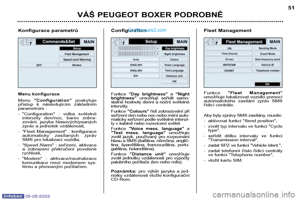 Peugeot Boxer 2003  Návod k obsluze (in Czech) 05-05-2003
Konfigurace parametrů 
Menu konfigurace Menu "Configuration" poskytuje
přístup  k  následujícím  základním 
parametrům : 
- "Configuration"  :  volba  světelné intenzity  den/noc