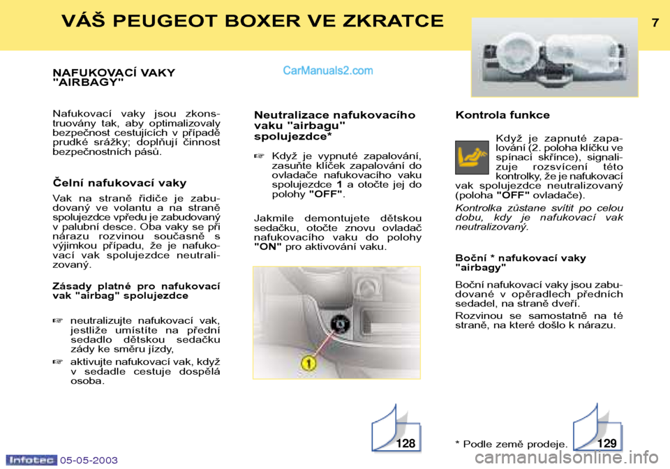 Peugeot Boxer 2003  Návod k obsluze (in Czech) Kontrola funkceKdyž  je  zapnuté  zapa- 
lování (2. poloha klíčku ve
spínací  skřínce),  signali-
zuje  rozsvícení  této
kontrolky, že je nafukovací
vak  spolujezdce  neutralizovaný(po