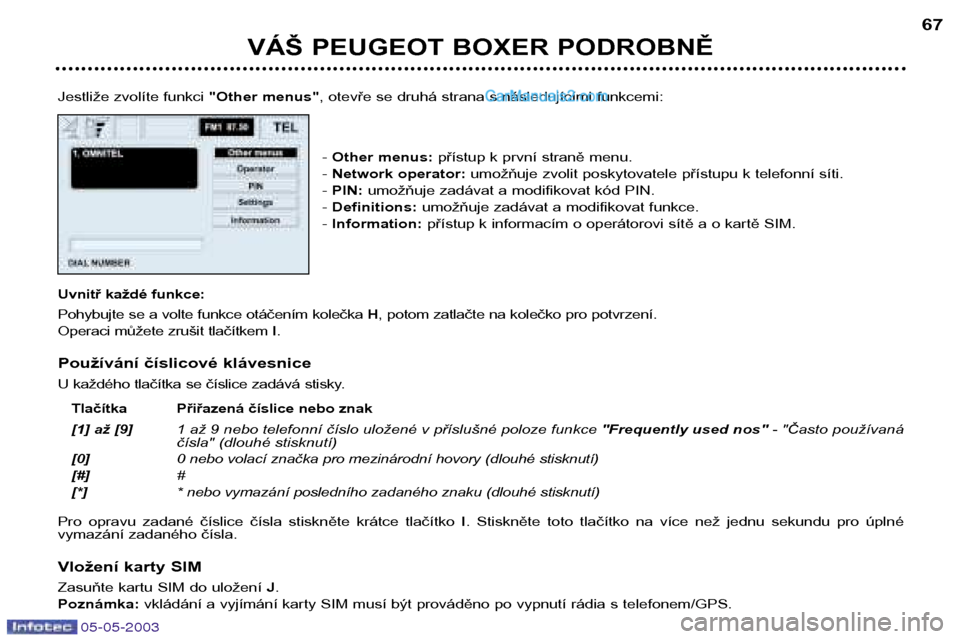 Peugeot Boxer 2003 Návod k obsluze (in Czech) 05-05-2003
VÁŠ PEUGEOT BOXER PODROBNĚ67
Jestliže zvolíte funkci "Other menus", otevře se druhá strana s následujícími funkcemi:
- Other menus: přístup k první straně menu.
- Network Peugeot Boxer 2003 Návod k obsluze (in Czech) 05-05-2003
VÁŠ PEUGEOT BOXER PODROBNĚ67
Jestliže zvolíte funkci "Other menus", otevře se druhá strana s následujícími funkcemi:
- Other menus: přístup k první straně menu.
- Network