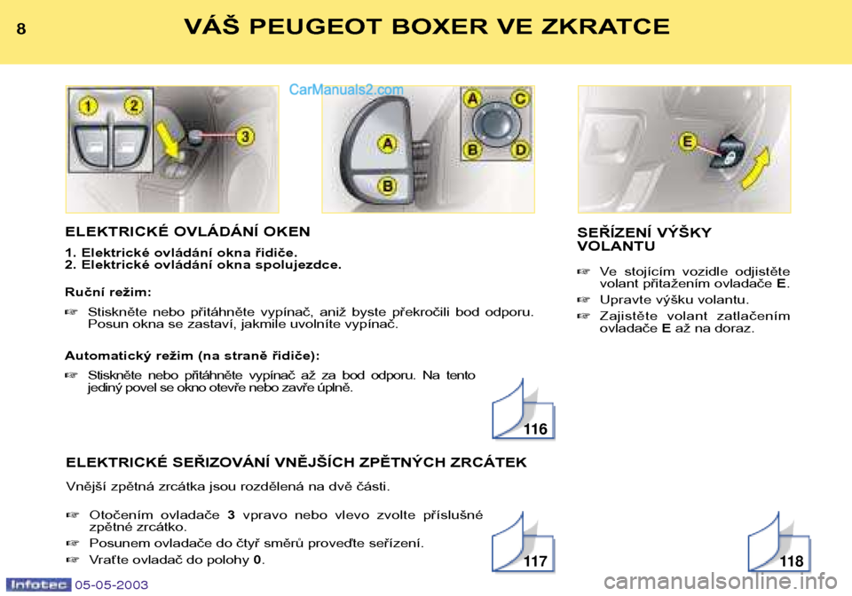 Peugeot Boxer 2003  Návod k obsluze (in Czech) 05-05-2003
ELEKTRICKÉ OVLÁDÁNÍ OKEN 
1. Elektrické ovládání okna řidiče. 
2. Elektrické ovládání okna spolujezdce. 
Ruční režim:  Stiskněte  nebo  přitáhněte  vypínač,  aniž  