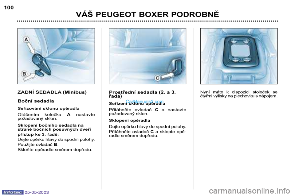 Peugeot Boxer 2003 Návod k obsluze (in Czech) 05-05-2003
ZADNÍ SEDADLA (Minibus)
Boční sedadla
Seřizování sklonu opěradla
Otáčením kolečka Anastavte
požadovaný sklon.
Sklopení bočního sedadla na
straně bočních posuvných Peugeot Boxer 2003 Návod k obsluze (in Czech) 05-05-2003
ZADNÍ SEDADLA (Minibus)
Boční sedadla
Seřizování sklonu opěradla
Otáčením kolečka Anastavte
požadovaný sklon.
Sklopení bočního sedadla na
straně bočních posuvných