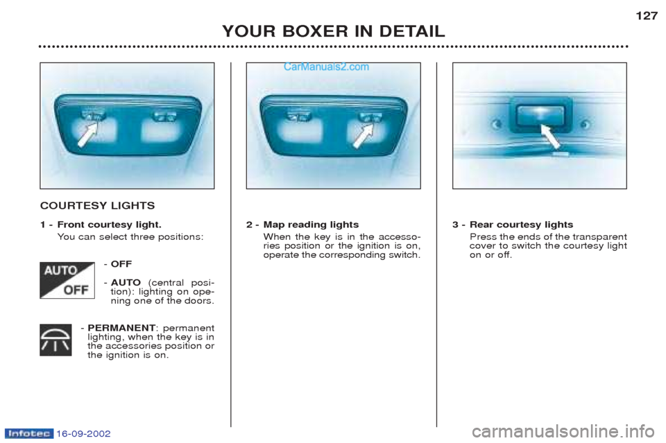 Peugeot Boxer 2002.5 Owners Manual 16-09-2002
YOUR BOXER IN DETAIL127
COURTESY LIGHTS
1 - Front courtesy light.
You can select three positions:
- OFF
- AUTO (central posi-
tion): lighting on ope- ning one of the doors.
- PERMANENT : Peugeot Boxer 2002.5 Owners Manual 16-09-2002
YOUR BOXER IN DETAIL127
COURTESY LIGHTS
1 - Front courtesy light.
You can select three positions:
- OFF
- AUTO (central posi-
tion): lighting on ope- ning one of the doors.
- PERMANENT :