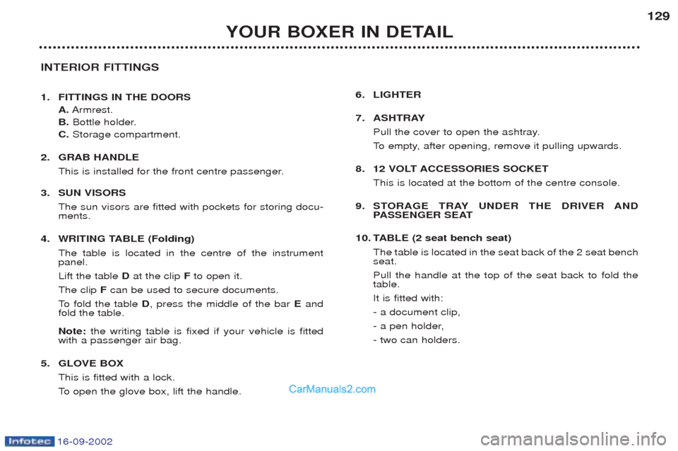 Peugeot Boxer 2002.5 Owners Manual 16-09-2002
YOUR BOXER IN DETAIL129
INTERIOR FITTINGS
1. FITTINGS IN THE DOORS A.Armrest.
B. Bottle holder.
C. Storage compartment.
2. GRAB HANDLE This is installed for the front centre passenger.
3. Peugeot Boxer 2002.5 Owners Manual 16-09-2002
YOUR BOXER IN DETAIL129
INTERIOR FITTINGS
1. FITTINGS IN THE DOORS A.Armrest.
B. Bottle holder.
C. Storage compartment.
2. GRAB HANDLE This is installed for the front centre passenger.
3.