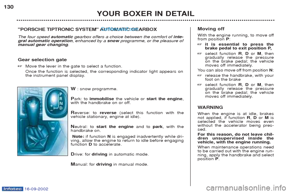 Peugeot Boxer 2002.5 Owners Guide 16-09-2002
W: snow programme.
P ark: to  immobilise the vehicle or  start the engine ,
with the handbrake on or off.
R everse: to  reverse(select this function with the
vehicle stationary, engine at i