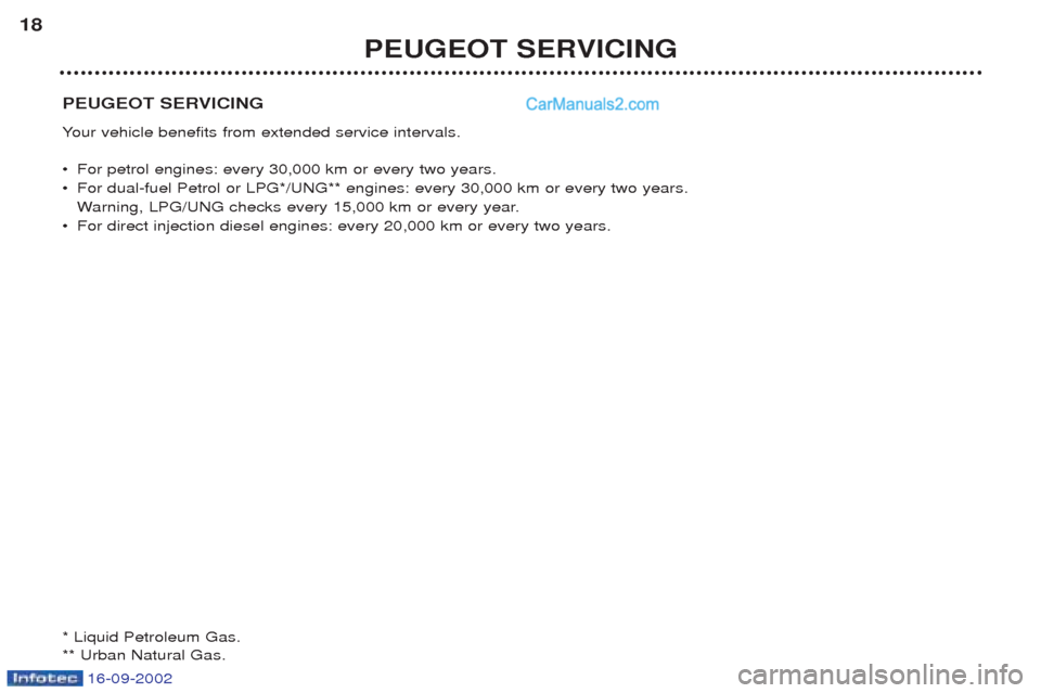 Peugeot Boxer 2002.5  Owners Manual 16-09-2002
PEUGEOT SERVICING Your vehicle benefits from extended service intervals.
¥ For petrol engines: every 30,000 km or every two years. 
¥ For dual-fuel Petrol or LPG*/UNG** engines: every 30,
