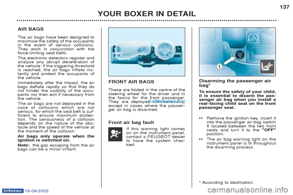 Peugeot Boxer 2002.5 Owners Manual 16-09-2002
YOUR BOXER IN DETAIL137
AIR BAGS The air bags have been designed to maximise the safety of the occupantsin the event of serious collisions.They work in conjunction with theforce-limiting se Peugeot Boxer 2002.5 Owners Manual 16-09-2002
YOUR BOXER IN DETAIL137
AIR BAGS The air bags have been designed to maximise the safety of the occupantsin the event of serious collisions.They work in conjunction with theforce-limiting se