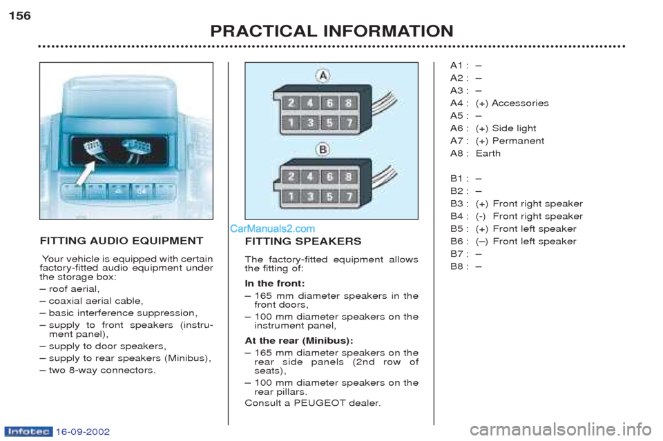 Peugeot Boxer 2002.5 Owners Manual 16-09-2002
PRACTICAL INFORMATION
156
FITTING AUDIO EQUIPMENT
Y our vehicle is equipped with certain
factory-fitted audio equipment under the storage box: Ð roof aerial,
Ð coaxial aerial cable,
Ð ba Peugeot Boxer 2002.5 Owners Manual 16-09-2002
PRACTICAL INFORMATION
156
FITTING AUDIO EQUIPMENT
Y our vehicle is equipped with certain
factory-fitted audio equipment under the storage box: Ð roof aerial,
Ð coaxial aerial cable,
Ð ba
