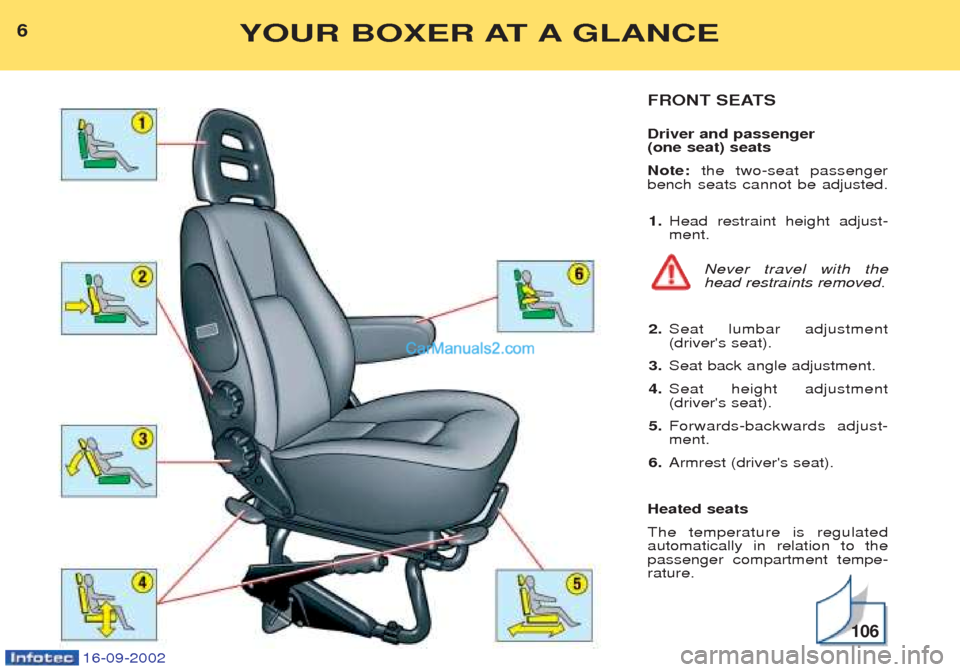 Peugeot Boxer 2002.5 Owners Manual 16-09-2002
6YOUR BOXER AT A GLANCE
FRONT SEATS Driver and passenger (one seat) seats Note: the two-seat passenger
bench seats cannot be adjusted.
1. Head restraint height adjust- ment.
Never travel w Peugeot Boxer 2002.5 Owners Manual 16-09-2002
6YOUR BOXER AT A GLANCE
FRONT SEATS Driver and passenger (one seat) seats Note: the two-seat passenger
bench seats cannot be adjusted.
1. Head restraint height adjust- ment.
Never travel w