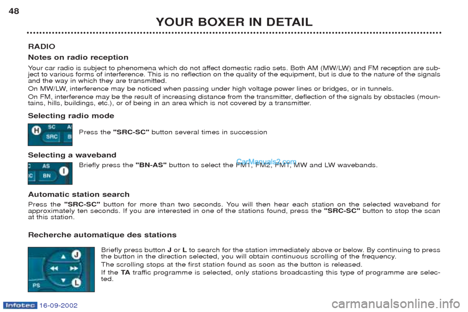 Peugeot Boxer 2002.5 Service Manual 16-09-2002
YOUR BOXER IN DETAIL
48
RADIO Notes on radio reception Your car radio is subject to phenomena which do not affect domestic radio sets. Both AM (MW/LW) and FM reception are sub-
ject to vari Peugeot Boxer 2002.5 Service Manual 16-09-2002
YOUR BOXER IN DETAIL
48
RADIO Notes on radio reception Your car radio is subject to phenomena which do not affect domestic radio sets. Both AM (MW/LW) and FM reception are sub-
ject to vari
