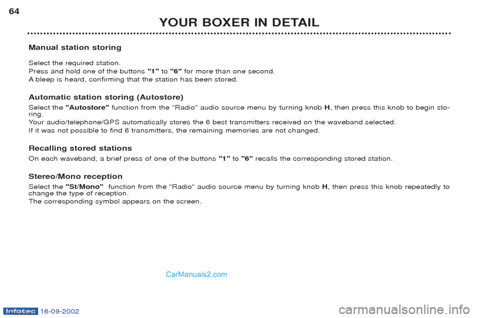 Peugeot Boxer 2002.5 Owners Manual 16-09-2002
YOUR BOXER IN DETAIL
64
Manual station storing Select the required station. Press and hold one of the buttons "1"to "6" for more than one second.
A bleep is heard, confirming that the stat Peugeot Boxer 2002.5 Owners Manual 16-09-2002
YOUR BOXER IN DETAIL
64
Manual station storing Select the required station. Press and hold one of the buttons "1"to "6" for more than one second.
A bleep is heard, confirming that the stat