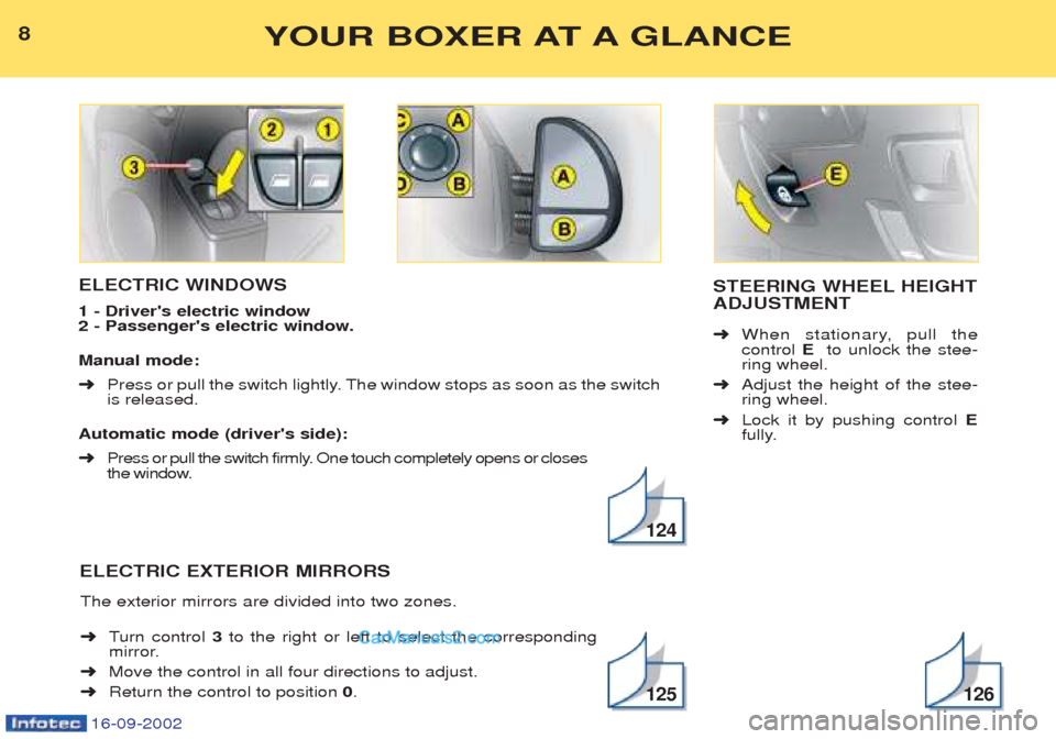 Peugeot Boxer 2002.5  Owners Manual 16-09-2002
ELECTRIC WINDOWS 1 - Drivers electric window 
2 - Passengers electric window. Manual mode:   ➜Press or pull the switch lightly. The window stops as soon as the switch
is released. 
Auto