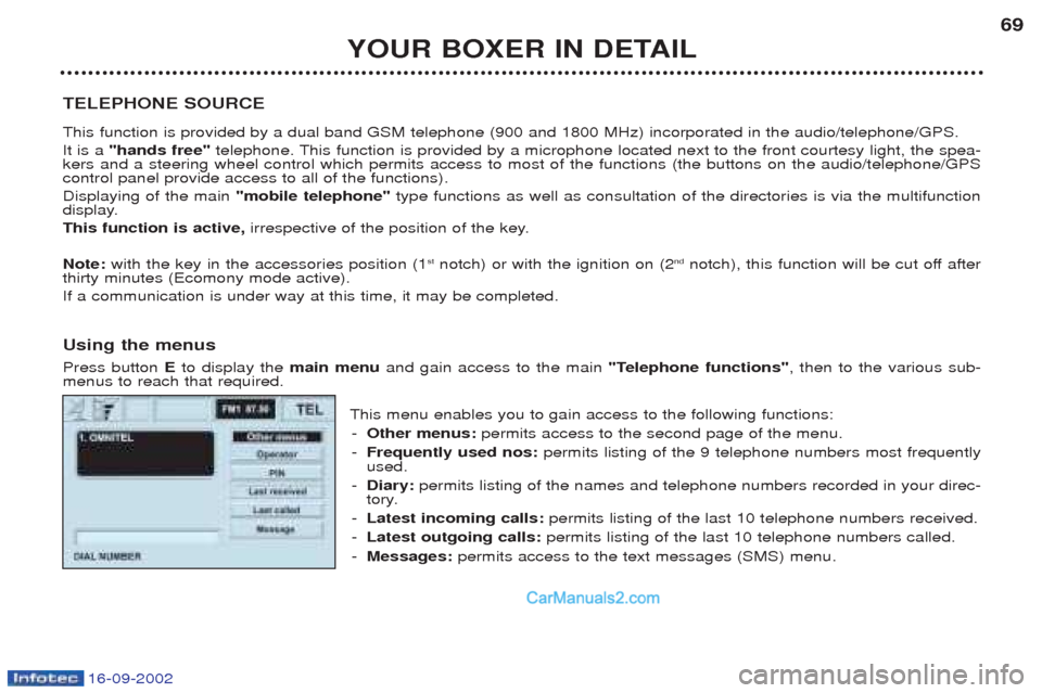 Peugeot Boxer 2002.5 Owners Manual 16-09-2002
YOUR BOXER IN DETAIL69
TELEPHONE SOURCE This function is provided by a dual band GSM telephone (900 and 1800 MHz) incorporated in the audio/telephone/GPS. It is a "hands free" telephone. Peugeot Boxer 2002.5 Owners Manual 16-09-2002
YOUR BOXER IN DETAIL69
TELEPHONE SOURCE This function is provided by a dual band GSM telephone (900 and 1800 MHz) incorporated in the audio/telephone/GPS. It is a "hands free" telephone.