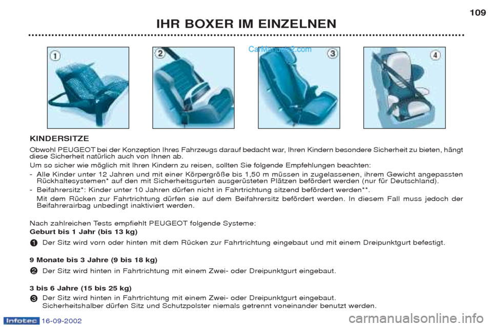 Peugeot Boxer 2002.5 Betriebsanleitung (in German) 16-09-2002
IHR BOXER IM EINZELNEN109
KINDERSITZE
Obwohl PEUGEOT bei der Konzeption Ihres Fahrzeugs darauf bedacht war, Ihren Kindern besondere Sicherheit zu bieten, hŠngt diese Sicherheit natŸrlich Peugeot Boxer 2002.5 Betriebsanleitung (in German) 16-09-2002
IHR BOXER IM EINZELNEN109
KINDERSITZE
Obwohl PEUGEOT bei der Konzeption Ihres Fahrzeugs darauf bedacht war, Ihren Kindern besondere Sicherheit zu bieten, hŠngt diese Sicherheit natŸrlich