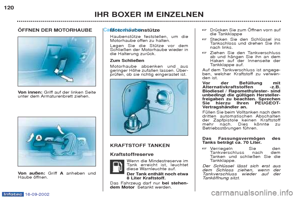 Peugeot Boxer 2002.5 Betriebsanleitung (in German) 16-09-2002
ÖFFNEN DER MOTORHAUBE Von innen: Griff auf der linken Seite
unter dem Armaturenbrett ziehen. V on außen: Griff Aanheben und
Haube šffnen. Motorhaubenstütze HaubenstŸtze feststellen, Peugeot Boxer 2002.5 Betriebsanleitung (in German) 16-09-2002
ÖFFNEN DER MOTORHAUBE Von innen: Griff auf der linken Seite
unter dem Armaturenbrett ziehen. V on außen: Griff Aanheben und
Haube šffnen. Motorhaubenstütze HaubenstŸtze feststellen,