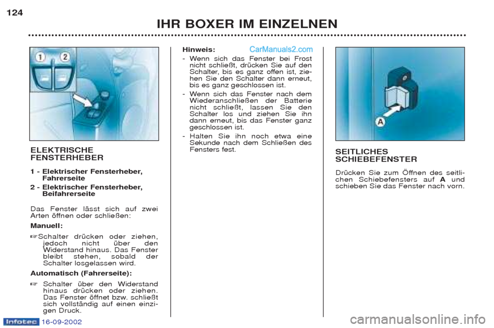 Peugeot Boxer 2002.5 Betriebsanleitung (in German) IHR BOXER IM EINZELNEN
124
SEITLICHES SCHIEBEFENSTER
DrŸcken Sie zum …ffnen des seitli- chen Schiebefensters auf
Aund
schieben Sie das Fenster nach vorn. ELEKTRISCHE FENSTERHEBER
1 - Elektrischer Peugeot Boxer 2002.5 Betriebsanleitung (in German) IHR BOXER IM EINZELNEN
124
SEITLICHES SCHIEBEFENSTER
DrŸcken Sie zum …ffnen des seitli- chen Schiebefensters auf
Aund
schieben Sie das Fenster nach vorn. ELEKTRISCHE FENSTERHEBER
1 - Elektrischer